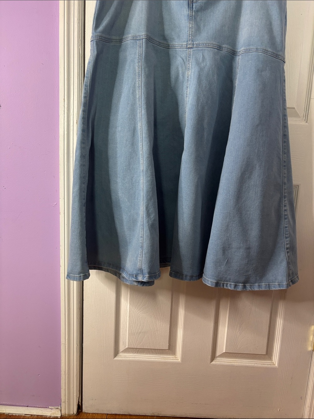 Light Blue Denim A-Line Maxi Skirt - Flared Panel Design - Picture 3 of 6